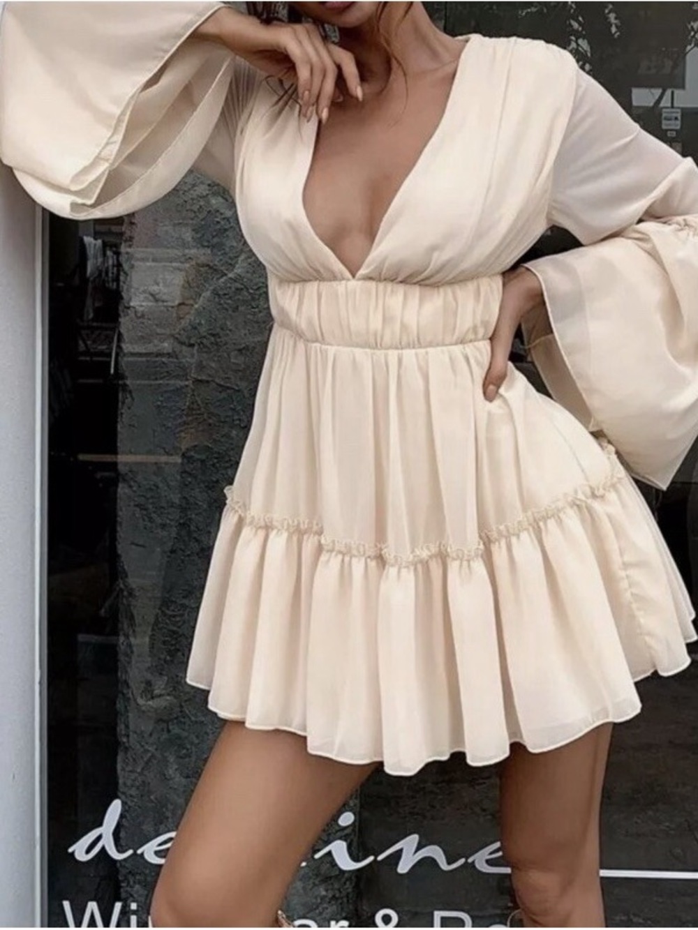 Elegant Cream V-Neck Tiered Mini Dress